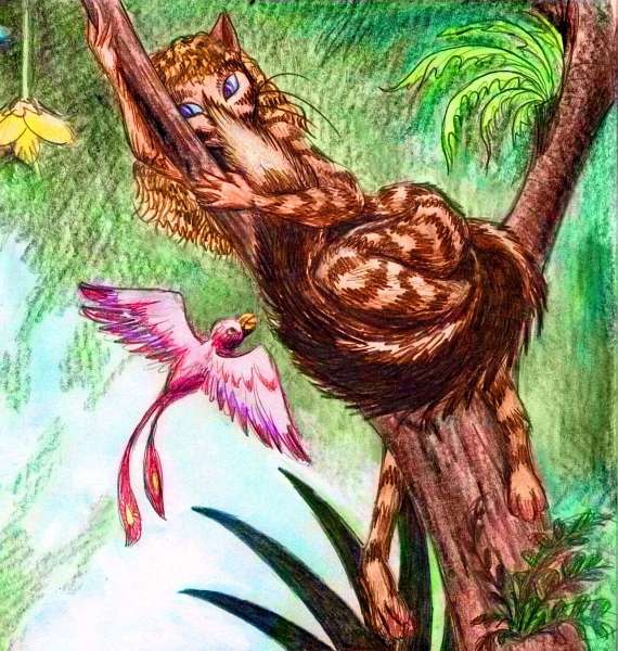 Sketch of a sentient lemur up a tree staring at a bird. A species on Siphonia, a study of the Earth with 90% of its water drained away. Sketch by Wayan; click to enlarge.