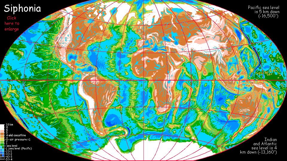 Map of Siphonia, a world-building experiment; Earth with 90% of its water siphoned off.