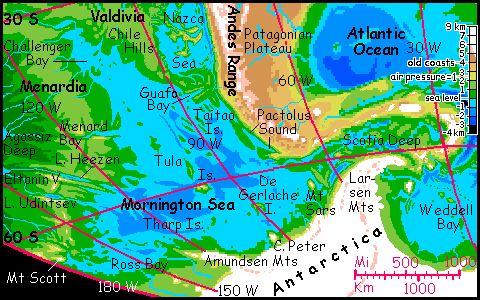 Map of the Mornington Sea region of Siphonia, a study of the Earth with 90% of its water drained away.