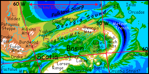 Map of the Scotia Basin south of Patagonia, on Siphonia, a study of the Earth with 90% of its water drained away.