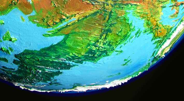 Orbital photo of the Mornington Sea (far southeastern Pacific basin, off Chile and Antarctica) on Siphonia, an Earth with 90% of its water siphoned off. Sea level here is 4 km below Earth's.