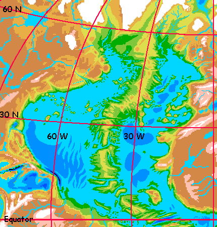 Map of the North Atlantic Basin on Siphonia, a study of the Earth with 90% of its water drained away.