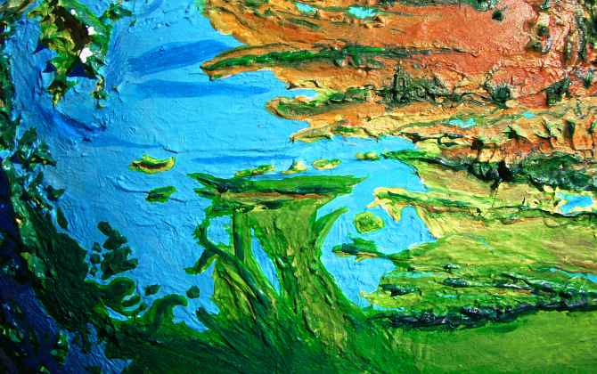 Orbital photo of Clarion Gulf and Palmyra Sea, southeast of Hawai'i on Siphonia, an Earth with 90% of its water siphoned off. Sea level here is 4.9 km below Earth's. A wide desert broken by huge east-west fracture zones with ridges and lakes. Click to enlarge.