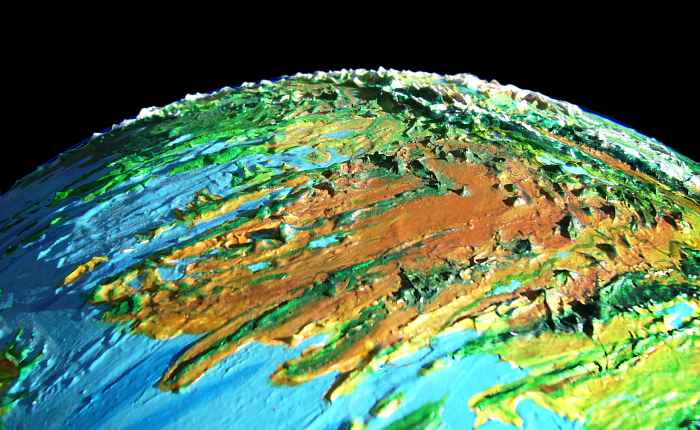 Low orbital photo of the Clarion Desert east of Hawai'i on Siphonia, an Earth with 90% of its water siphoned off. Sea level here is 4.9 km below Earth's. A wide desert broken by huge east-west fracture zones with ridges and lakes. Click to enlarge.