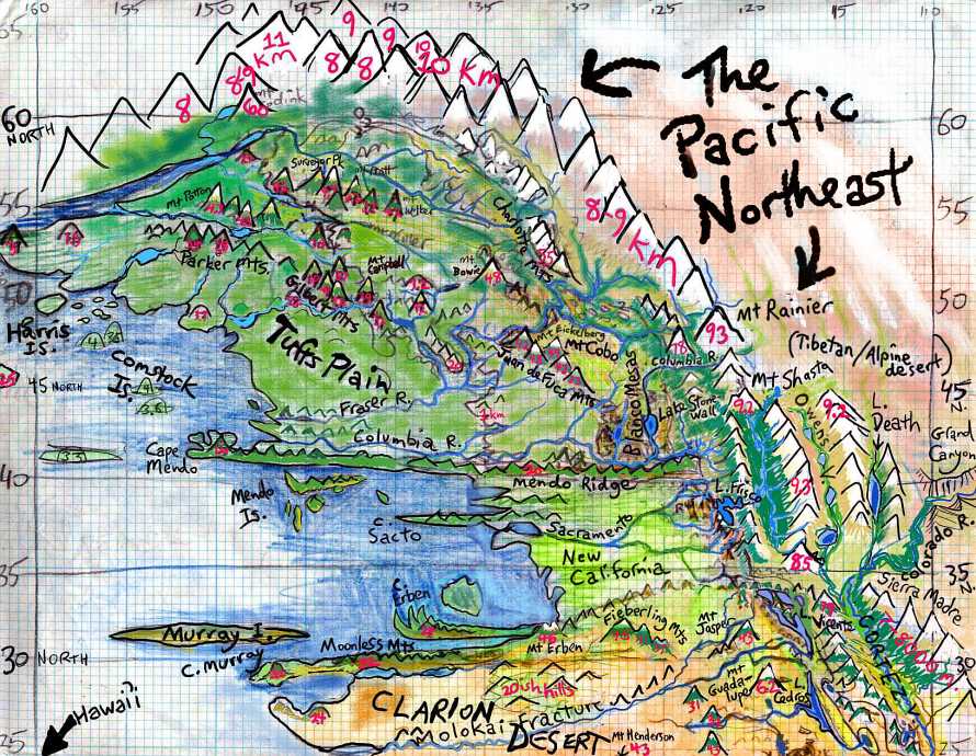 Sketchmap of the northeast Pacific Basin on Siphonia, an Earth with 90% of its water siphoned off. Sea level here is 4.9 km below Earth's, baring mountain arcs and long straight fracture zones. Click to enlarge.