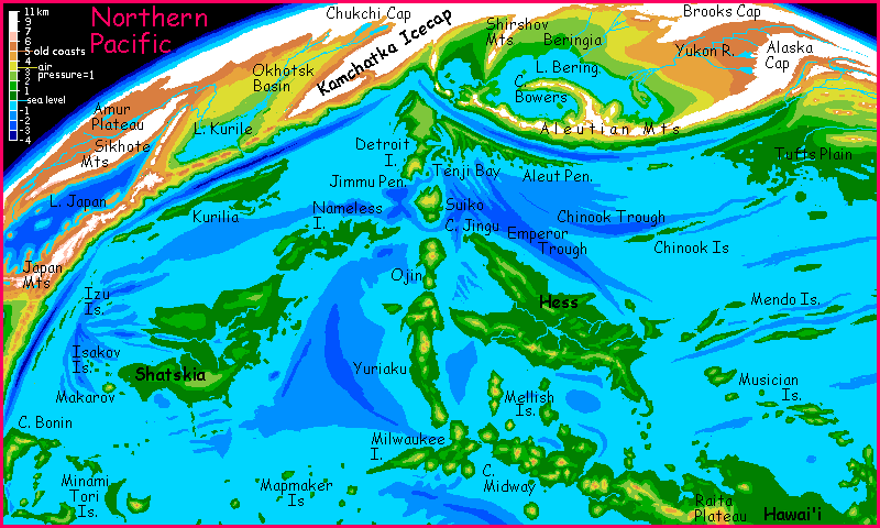 Map of the northern Pacific Basin on Siphonia, an Earth with 90% of its water siphoned off. Sea level here is 4.9 km below Earth's.