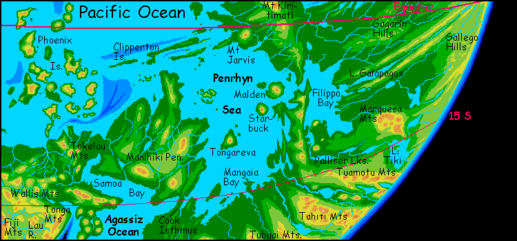 Altitude map of South Pacific Basin on Siphonia, an Earth with 90% of its water siphoned off. Sea level here is 4.9 km below Earth's. Click for version without words.