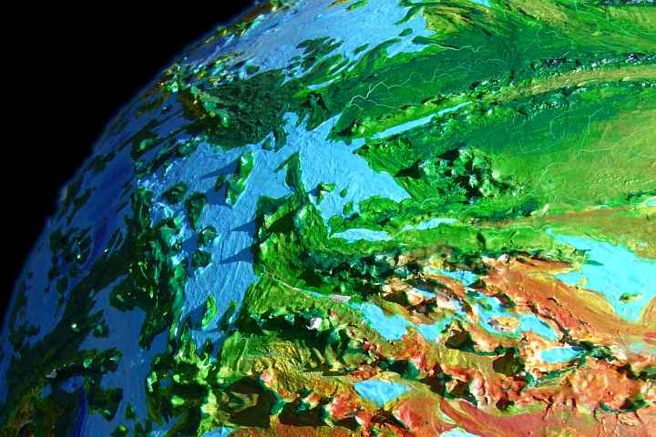 Orbital photo of the Southeast Pacific, including Penrhyn Sea and the Polynesian Ranges, on Siphonia, an Earth with 90% of its water siphoned off. Sea level here is 4.9 km below Earth's. Click to enlarge.