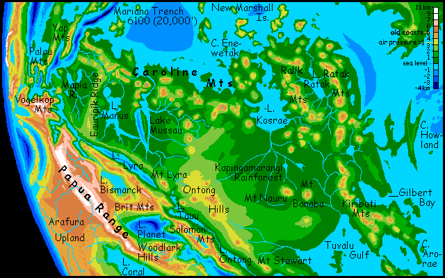 Rough map of the southwest Pacific Abyss: Kapingamarangi Rainforest and surrounding islands, on Siphonia, an Earth with 90% of its water siphoned off. Sea level here is 4.9 km below Earth's.