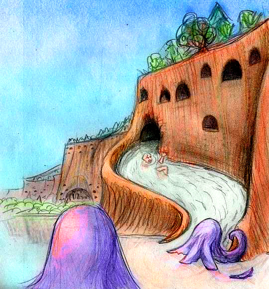 Sketch of a dream by Chris Wayan: 'Octopi Flood Our Cliffhouse'. A canyon; cliffs with window-holes. Water pours down a stone ramp from a cave-mouth. Purple octopi stand guard.