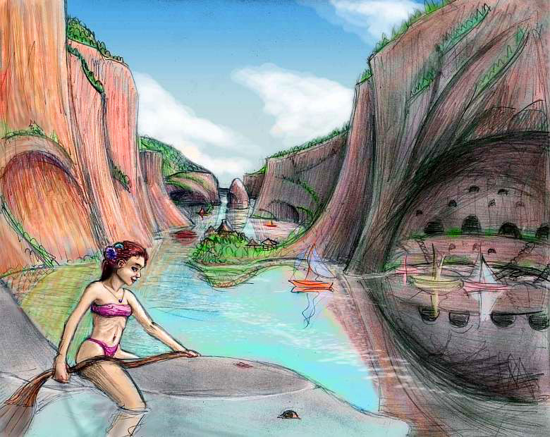 Sketch of a dream by Chris Wayan: 'Whalerider's Family'. A girl holding a net rides a small whale in a flooded canyon with cliff dwellings and boats. Click to enlarge.