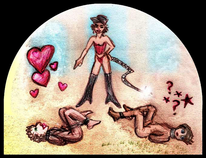 Sketch of a dream by Chris Wayan: 'Flogging Triad'. A booted grinning dominatrix whips two bound men with erections. One seems excited, the other, baffled.