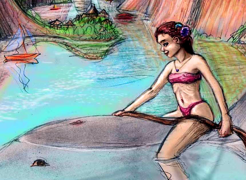 Detail of a dream-sketch by Chris Wayan: 'Whalerider's Family'. A girl holding a net rides a small whale in a flooded canyon with cliff dwellings and boats.
