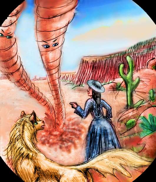 Sketch of a dream: an ugly cowgirl (me) scolds two dust devils (the ghosts of my parents) in the Interface Desert.  Click to enlarge.