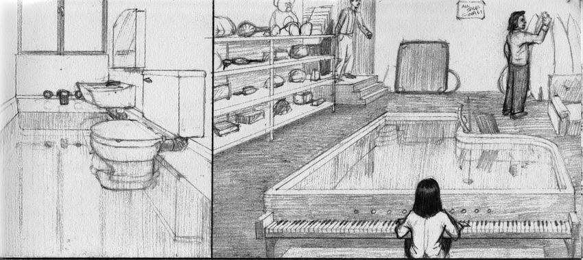 Flooded bathroom and a water-filled glass piano. Dream sketches by Jim Shaw. Click to enlarge.