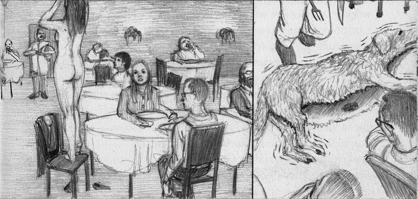 Stripping for free food in a posh restaurant; get served a living, wounded dog. Dream sketches by Jim Shaw. Click to enlarge.