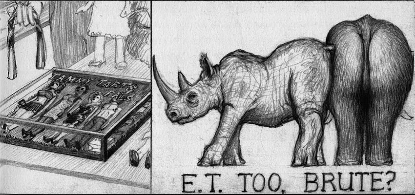Doll set to teach kids to be prostitutes; rhino rubs butt with an elephant-bear. Dream sketches by Jim Shaw. Click to enlarge.