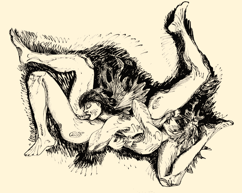 Lovers float in the air, licking & being licked. Ink sketch by Wayan; click to enlarge.