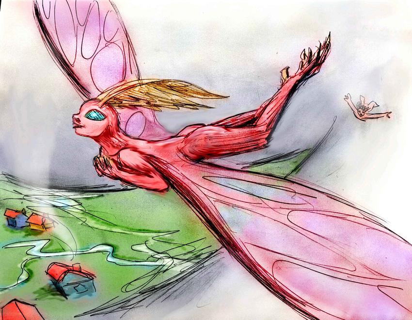 Dragonfly girl in cloudy sky over houses and fields. Dream sketch by Wayan. Click to enlarge.