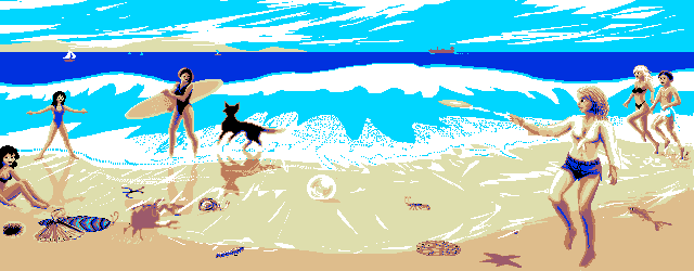 Cartoon of a couple running past dogs, surfers, frisbee tossers on a Santa Cruz beach.
