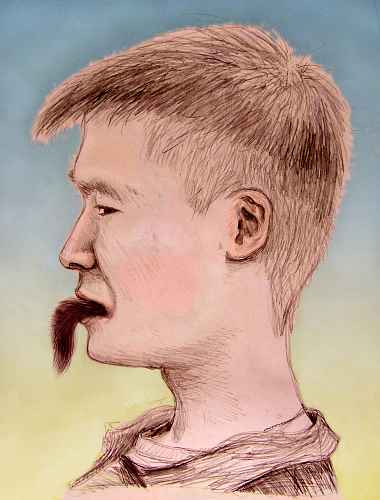 colored pencil drawing of frowning guy's head with the tip of a black hairy tail sticking out of his mouth. Click to enlarge.