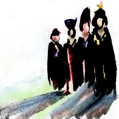 Tall robed and mitred figures cast long shadows; watercolor of a dream by Wayan