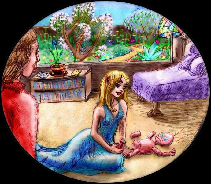 Dream: An elf-woman assembles a monkeyish doll on the floor, while I watch, paralyzed by a spell. Click to enlarge.