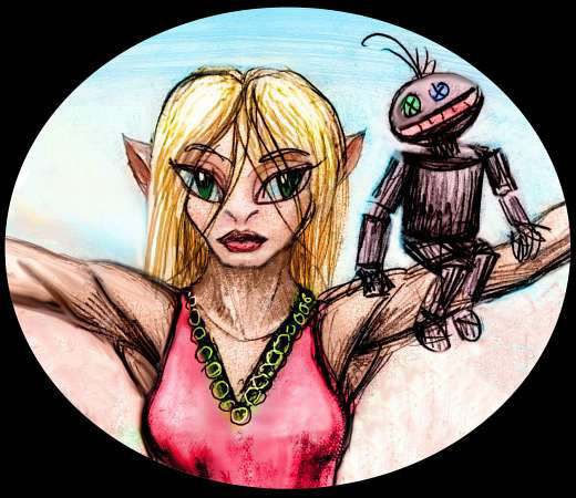 The Faerie Queen with her living monkey-doll-bot on her shoulder. Click to enlarge.