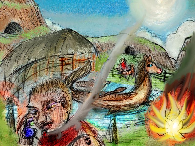 Corral/boathouse with canoe/horses; sleazy guy calls about a fire. Dream sketch by Wayan. Click to enlarge.