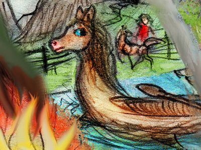 Canoe/horse and fire. Detail of dream sketch by Wayan.