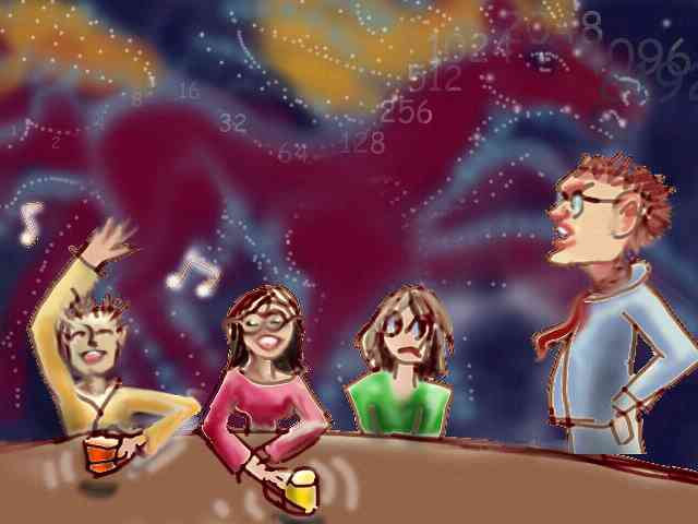 Cartoon figures argue round a table while behind them a starry horse gallops through space