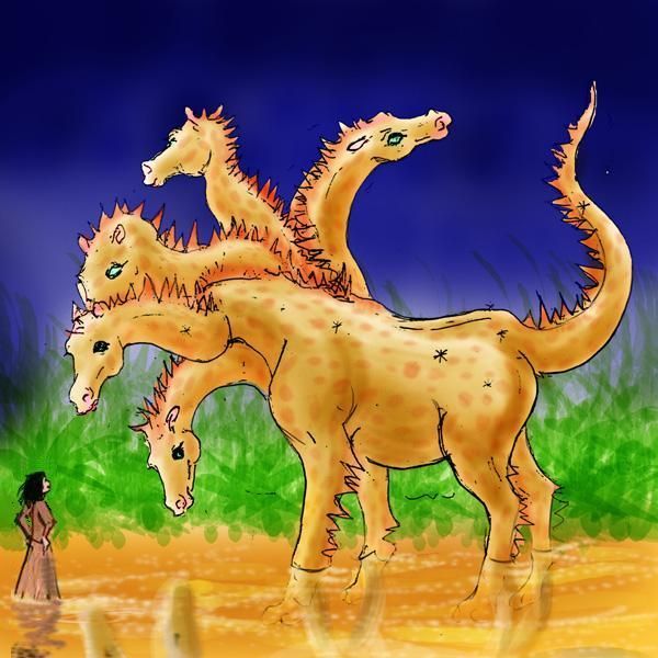 Slithy, a dragon/horse with five heads, slick spotted newtlike skin, and a fringe of spines along his tail, necks, and the backs of his shins and forelegs. He wades in an amber stream; a woman standing by him is only knee-high.  Click to enlarge.