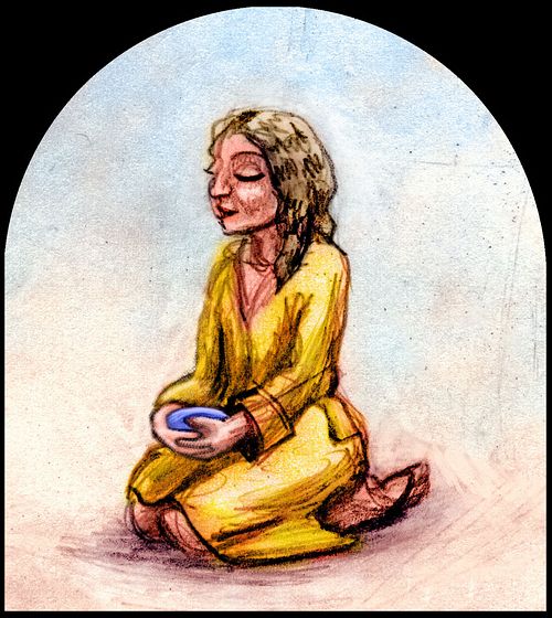 Sketch of a dream by Wayan: In a yellow bathrobe I sit and meditate in a sunny spot on the floor.