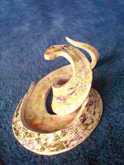 An abstract ceramic snake made of a single clay disk cut in a spiral and lifted.