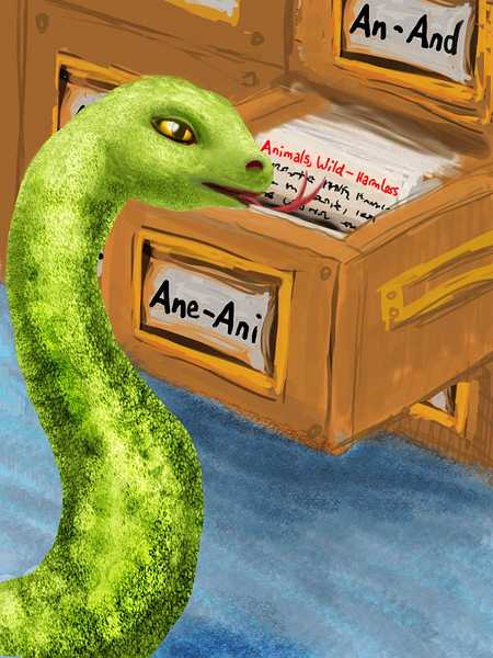 I'm a snake in a card catalog using print to communicate. Dream sketch by Wayan. Click to enlarge.