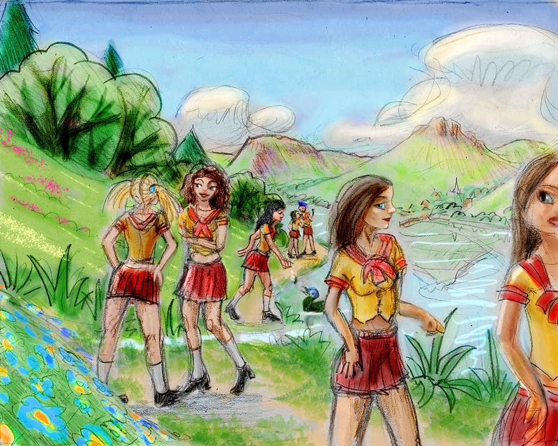 Girls in high school uniforms walk along a lakeshore. Dream sketch by Wayan. Click to enlarge.