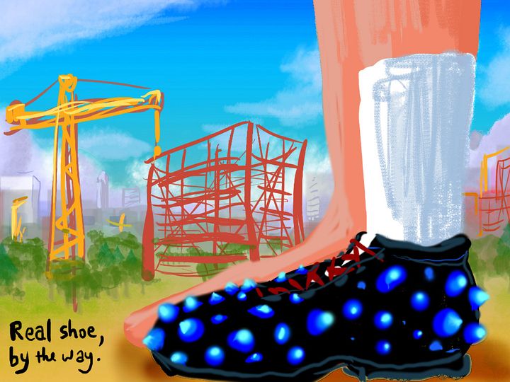 One bare foot, one shod--shoe has blue & purple warts. Construction in background. Dream sketch by Wayan. Click to enlarge.
