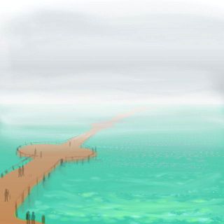 A pier stretching miles into a misty sea. Dream sketch by Wayan.