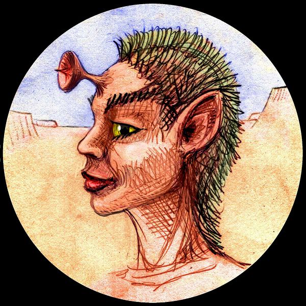 Head with pointed ears, slanting brows, greenish hair, yellow slit eyes, and a small radar dish on a stalk growing from the forehead. Dream sketch by Wayan; click to enlarge.