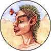 Thumbnail sketch of a dream figure by Wayan; humanoid with pointed ears, slanting brows, greenish hair, yellow slit eyes, and a small radar dish on a stalk growing from the forehead.