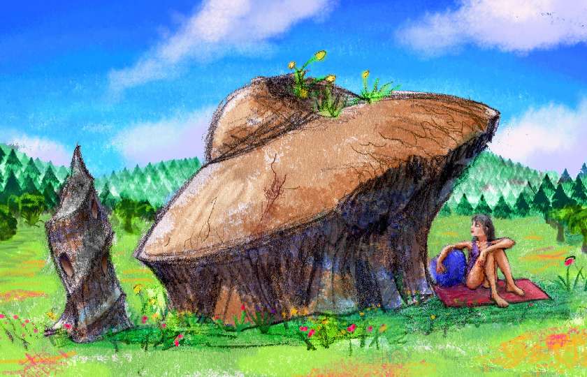 Fossil flying saucer and Sorting Hat in a meadow. Dream sketch by Wayan. Click to enlarge.
