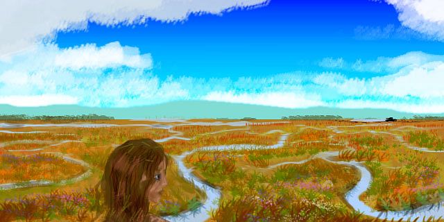 Muddy head rears out of a marsh, watching a tank roll by in the distance. Sketch of a dream by Wayan