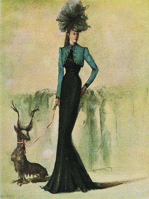 Fashion watercolor for Harper's Bazaar, 1940, by Leonor Fini. Click to enlarge.
