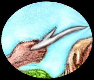 Oval colored pencil sketch of a dream by Chris Wayan: a hand holding out a white branch.