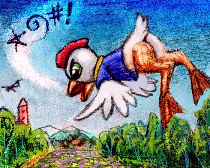 Figure flying over a field curses as he suddenly becomes Donald Duck. Dream sketch by Wayan. Click to enlarge.