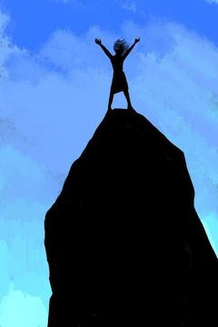 Small figure silhouetted on sky, atop black crag. Dream sketch by Wayan. Click to enlarge.