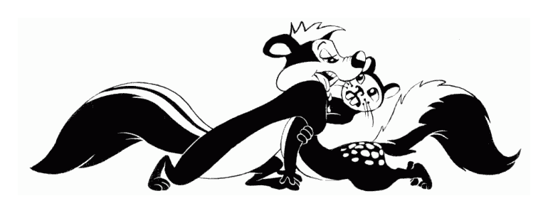 Black and white cartoon of Pepe Le Phew, that suave skunk, wooing a bewildered squirrel; a dream image by Chris Wayan based on an old Looney Toons poster.