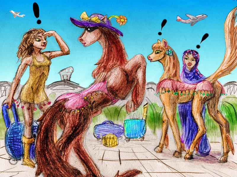A stallion in drag at the airport. Travelers stare. Dream sketch by Wayan. Click to enlarge.