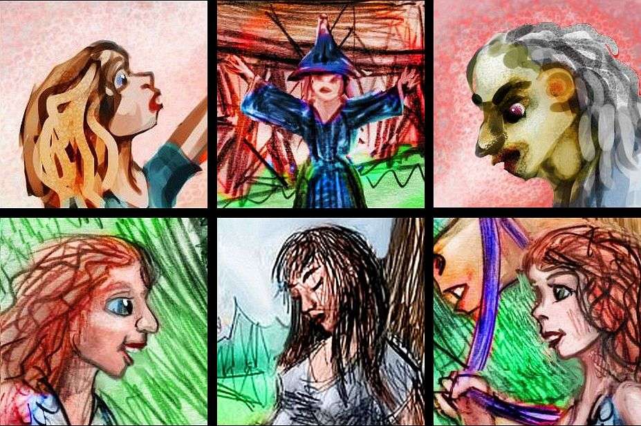 Six portraits. Which shall the witch in the center sacrifice? Dream sketch by Wayan.
