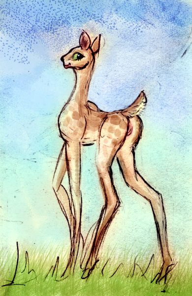 Sketch of a dream by Chris Wayan: a doe with legs as long as a giraffe's.